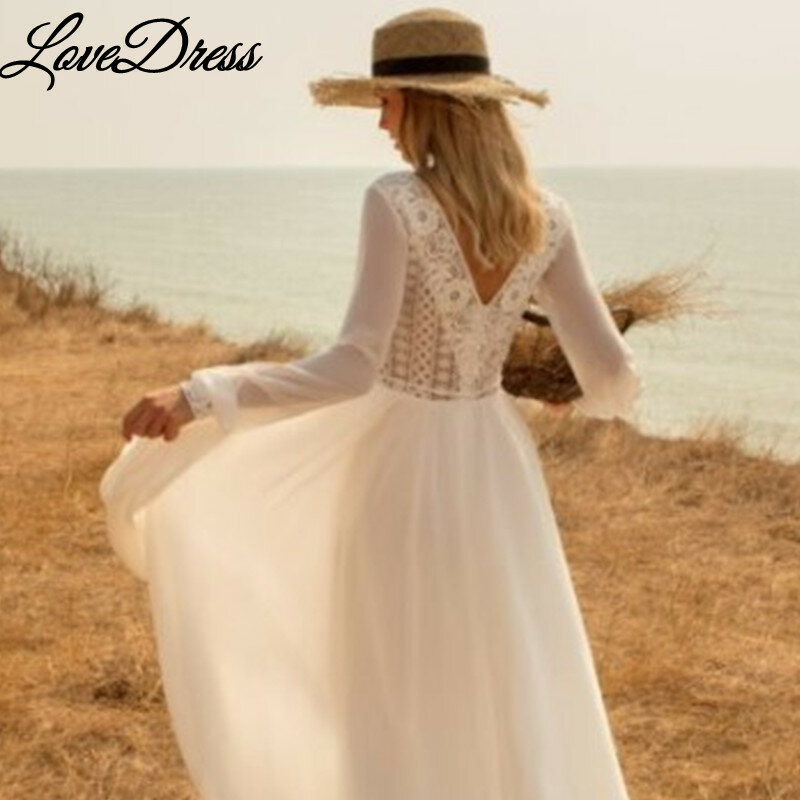 Женское свадебное платье It's yiiya, белое шифоновое платье с длинными рукавами-фонариками, глубоким V-образным вырезом и кружевной аппликацией на поясе с открытой спиной на лето 2019