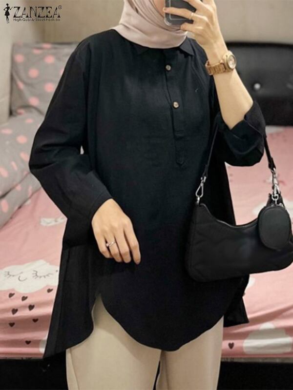 ZANZEA Fashion Eid Mubarek Muslim Blouse Holiday Hijab Islamic Clothing Casual High Low Tops Woman Vintage Long Sleeve Blusas