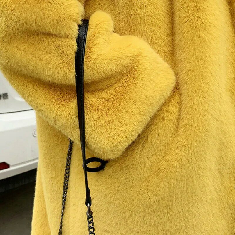 Optique-Veste longue en fausse fourrure de vison pour femme, manteau en peluche pour femme, pardessus monochromes à capuche, chaud, hiver
