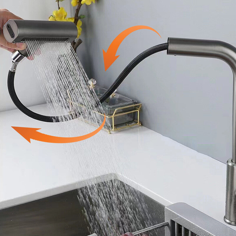 YCRAYS 4 режима черный кухонный кран серый выдвижной водопад распылитель для раковины Смеситель Матовый никель водопроводный кран аксессуары
