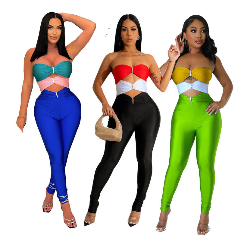 Sexy Color Patchwork Hollow Out Women Jumpsuit Summer Strapless Bodycon Pencil Pants One Piece Night Party Club Romper Overall