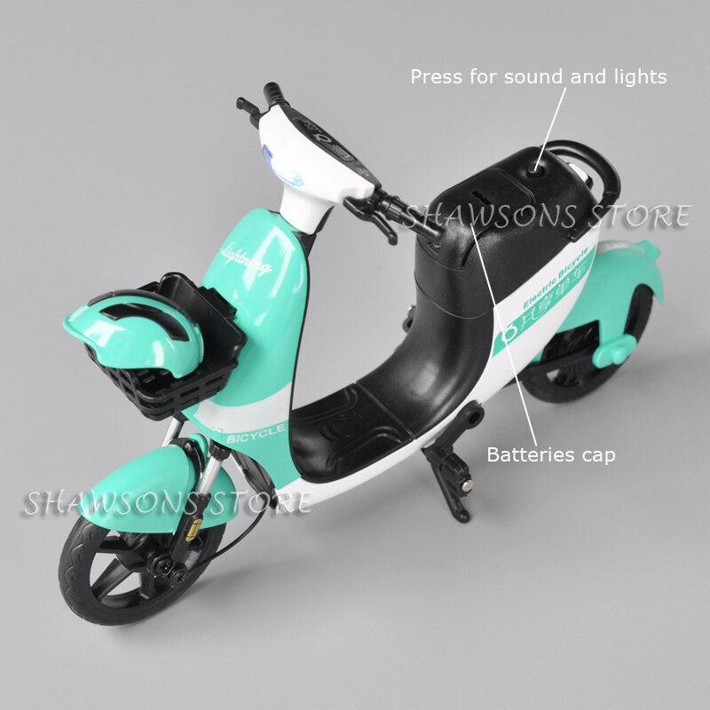 Mainan Model sepeda listrik Diecast, skala 1:8, Model mainan sepeda perkotaan, motif replika suara & cahaya