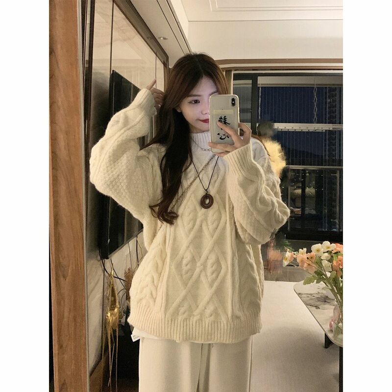 2023 Pullover Wanita Musim Gugur dan Musim Dingin Pakaian Luar Longgar Leher Bulat Atasan Gaya Busana Korea Sweter Rajutan Menebal J06