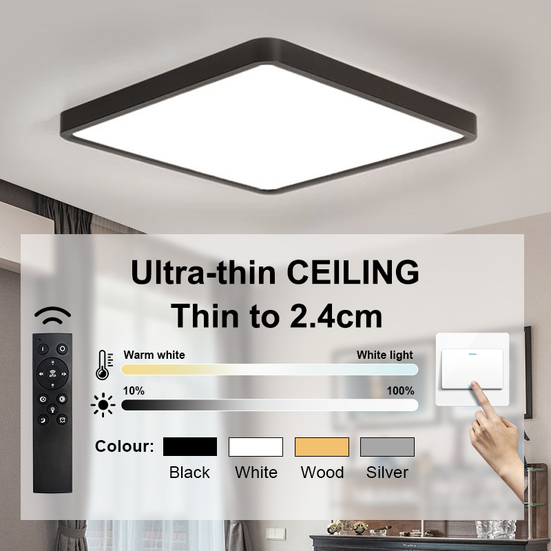 โคมไฟ LED ทรงสี่เหลี่ยมไฟติดเพดานแบบโมเดิร์น, โคมไฟติดเพดานบางเฉียบขนาด2.4ซม. พร้อมรีโมทหรี่แสงได้สำหรับห้องนอนห้องนั่งเล่น