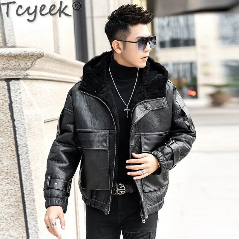 Tcyeek Hooded Natural Sheepskin Fur Jackets Man Short Loose Genuine Leather Jacket Men Clothes Winter Warm Real Fur Coat New