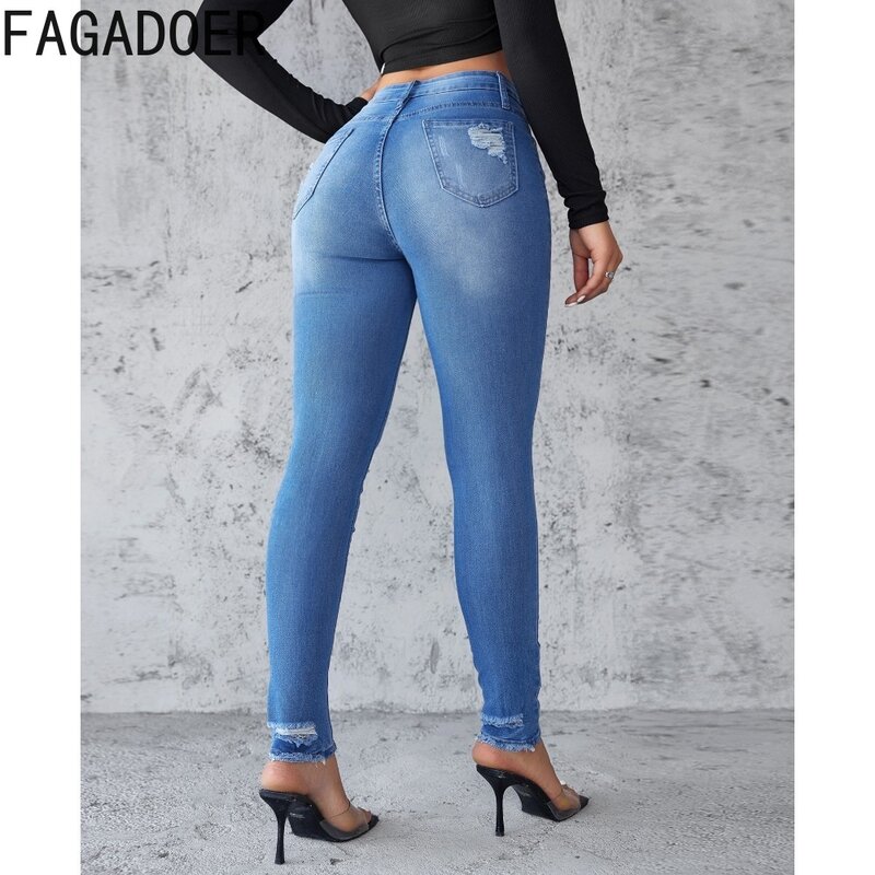 Модные эластичные джинсовые узкие брюки-карандаш с дырками FAGADOER, женские джинсы с высокой талией и пуговицами и карманами, женские ковбойские брюки