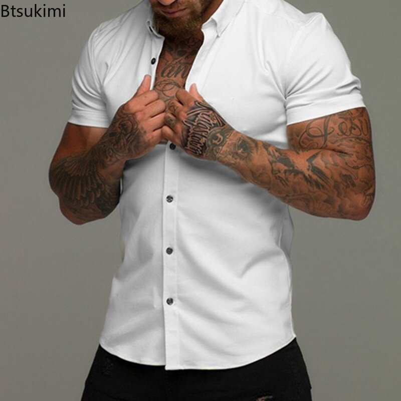 Mode Nieuwe Heren Stevige Casual Shirts Met Korte Mouwen Comfort Niet Strijken Zakelijke Overhemden Eenvoudig Vest Fitness Blouse Heren