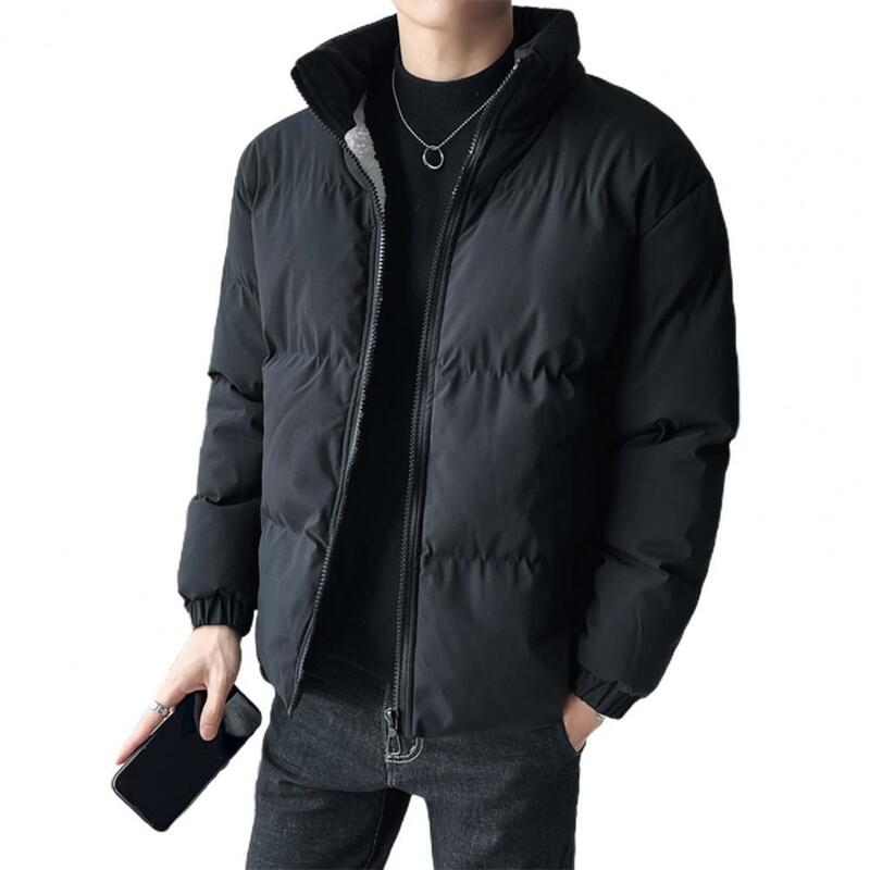 Zimowy płaszcz bawełniany gruba pluszowe wyściełane jednolity kolor z długim rękawem wiatroszczelna, odporna na ciepło ochrona szyi gładka męska kurtka puchowa