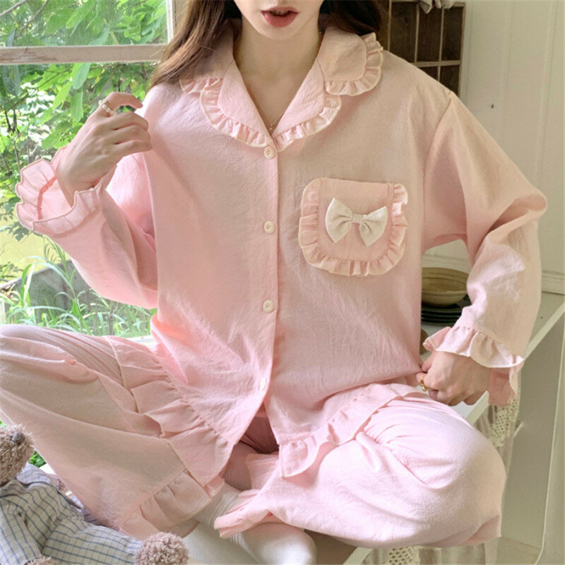 Пижама в стиле колледжа для женщин, весна-осень, Корейская версия, домашняя одежда, хлопковая зимняя одежда для сна, комплект, пижама, женская одежда для сна