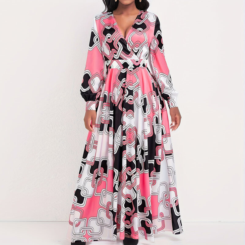 Schmeichel haftes Kleid mit geometrischem Print in Übergröße-stilvolles Langarm kleid mit V-Ausschnitt für den Frühling-perfekt für Damen in Übergrößen