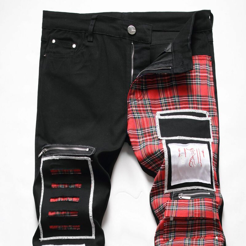 Новинка Осень 2024, мужские брюки с поломанными нашивками, цветная ткань, альтернатива сращиванию, мужские облегающие маленькие прямые джинсы