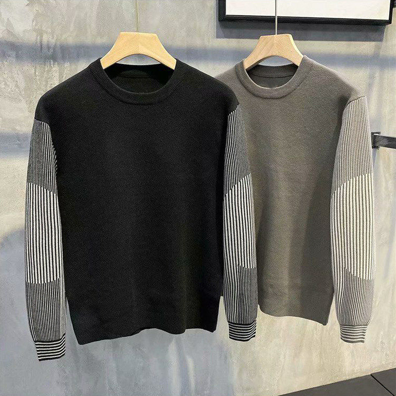 2022 Autumn Winter New Men's Fashion Korean Long Sleeve Striped Patchwork Knitted Sweater Business Casual Knitwear Pullover Tops