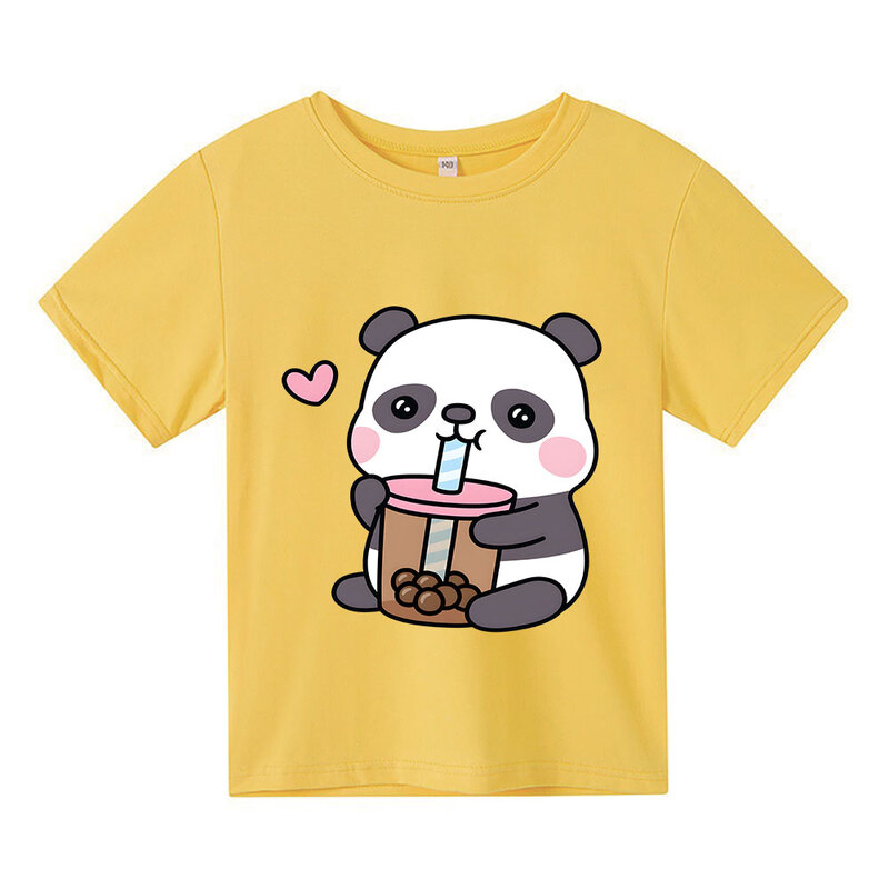 Bubble Boba Milk Tea Panda Graphic Print Tshirt Girls/Boys Kids Cartoon Clothes Summer 100% Cotton Short Sleeve T Shirt Costumes