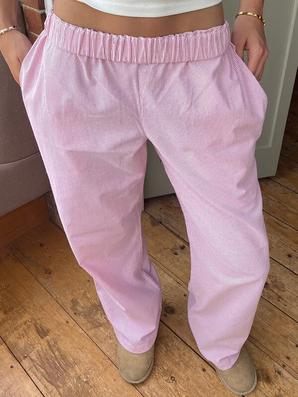 Y2k Pink Lounge Pants Pinstriped Print Elastic Mid Waist Pants with Pockets Women Vintage Loose Casual Comfy Pants Streetwear