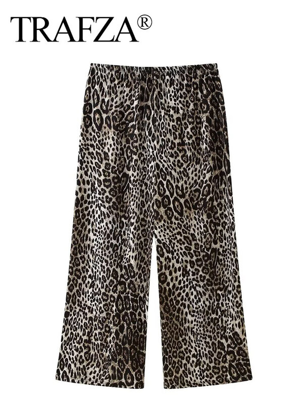 TRAFZA-Calça de perna larga feminina, com renda, calça de cintura alta, solta, trajeto longo, estampa de leopardo, fino, casual, elegante, chique