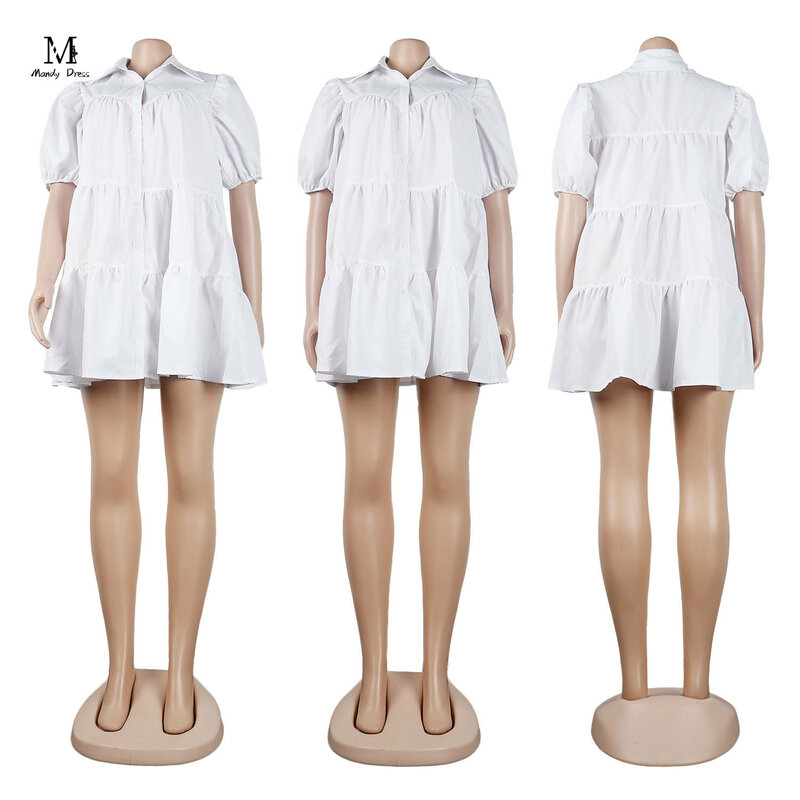 Casual Loose Women Mini Dress Short Puff Sleeve A-line Pleated Summer Clothes Elegant Lady Elegant Sexy Dresses 2024