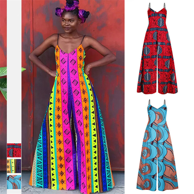Afrikaanse Fakkels Vrouwen Nieuwe Zomer Spaghettibandjes Bodysuit Dashiki Ankara Stijl Broek Mode Jumpsuit Indie Robe Africaine