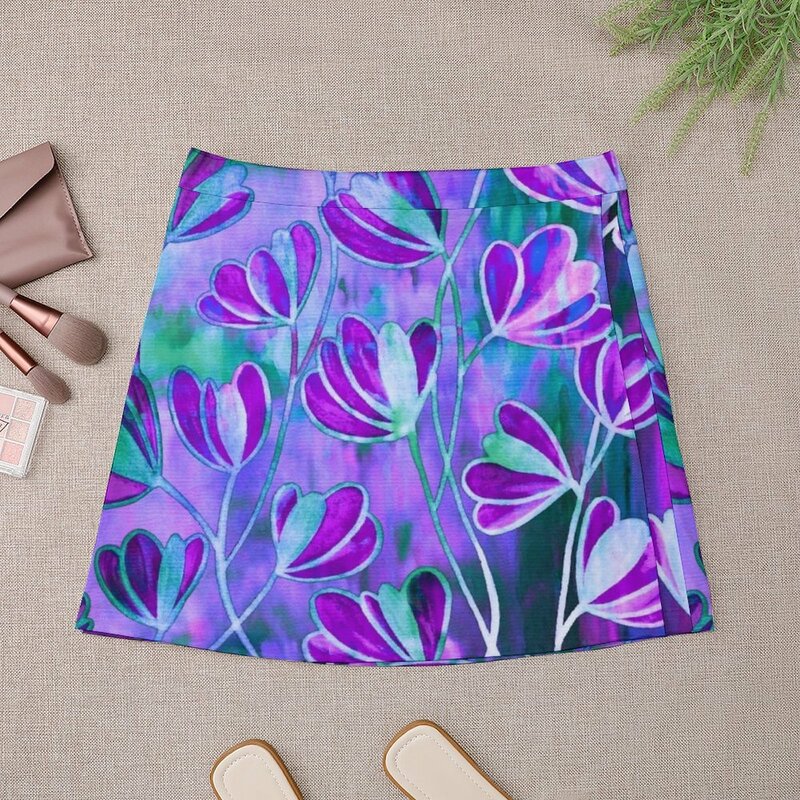 Effloresen ungu Lavender biru pirus taman lukisan cat air pola bunga alami seni baik rok Mini