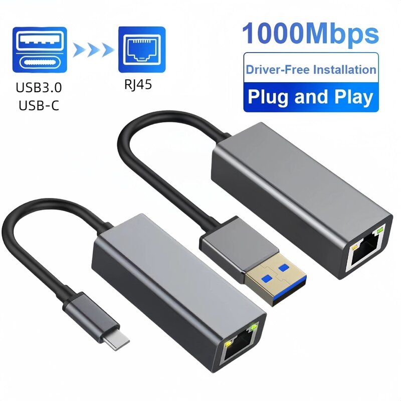 Adaptor USB 3.0 ke Ethernet, adaptor tipe-c aluminium Gigabit untuk Laptop MacBook Pro 1000/100Mbps USB C Lan RJ45
