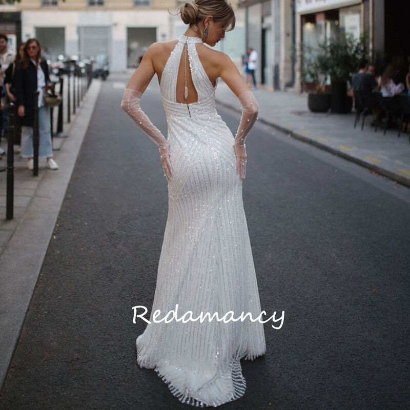 Redamancy-vestidos de novia de encaje blanco con cuello Halter, traje de sirena con Espalda descubierta, largo hasta el suelo, 2024