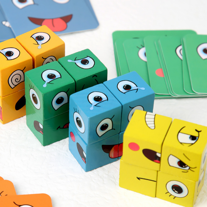 Kubus wajah berubah blok bangunan papan permainan kayu Puzzle montesori ekspresi blok kayu Blocos untuk anak-anak hadiah mainan