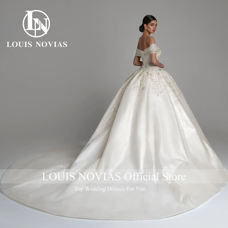 Бальное платье LOUIS NOVIAS 2024, свадебное платье с рукавом-крылышком, вышивкой сердечком, сверкающим королевским шлейфом, свадебные платья