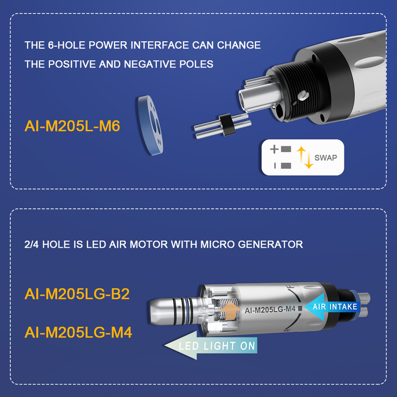 AI-M205LG led motor de ar com micro gerador de energia connoct baixa velocidade handpiece cadeira dental 2/4/6 furos velocidade máxima: 25,000 min
