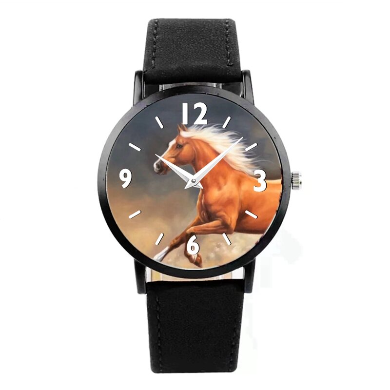 AVOCADO Design Black Leather Round Watch For Beautiful Horse Fans