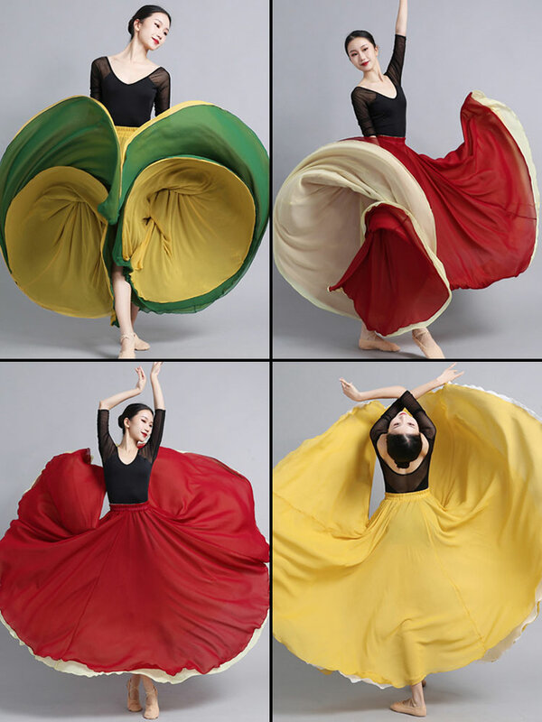 Женская длинная юбка для танца, шифоновая юбка с широкой юбкой, 540/720 градусов