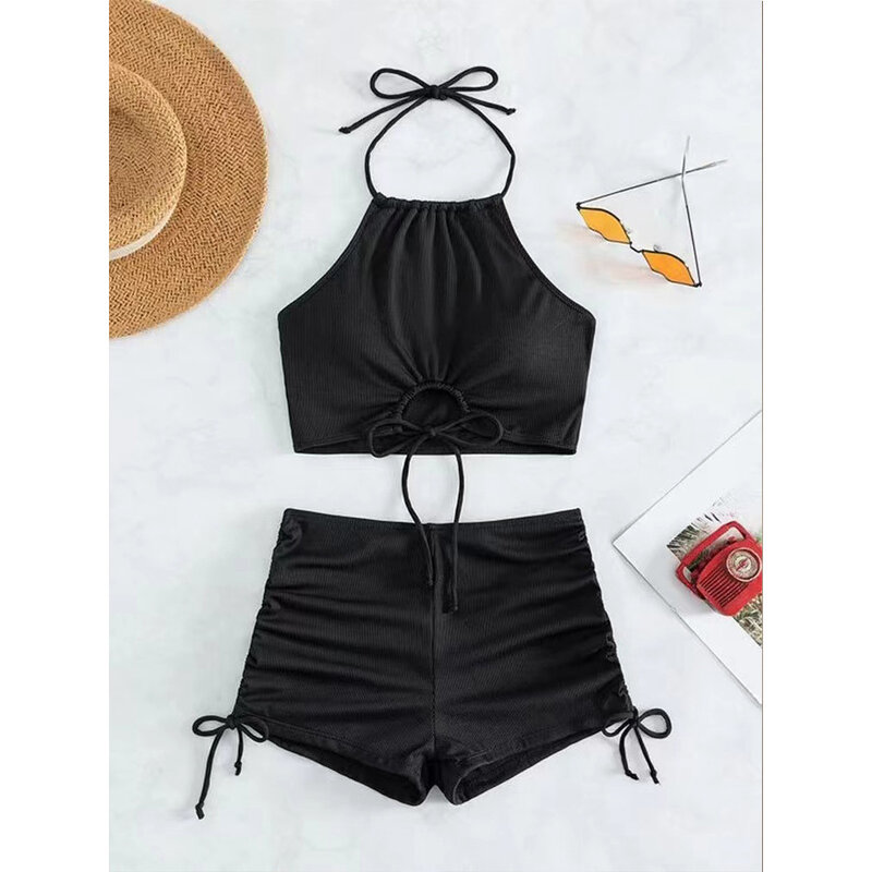 Conjunto de biquíni preto com gola alta feminino, moda praia feminina, shorts esportivos, roupas de banho, 2 peças, verão, shorts, 2022