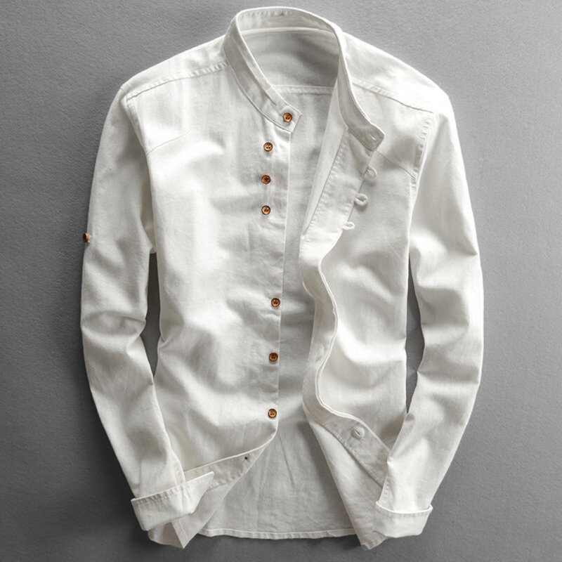 Camisa de algodão de linho dos homens do estilo de japão harajuku gola manga longa fino ajuste cor sólida masculino casual respirável clássico topos