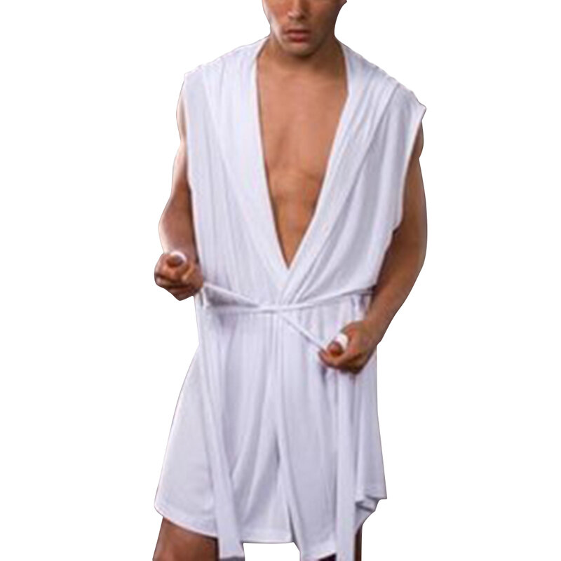 Albornoz de seda de leche para hombre, Pijama sin mangas con capucha, adelgazante, ajuste medio y largo, ropa para el hogar, Verano