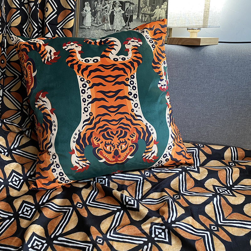 DUNXDECO – housse de Coussin en velours doux, taie d'oreiller carrée décorative, Vintage, artistique, imprimé tigre, avec pompon, literie pour canapé et chaise