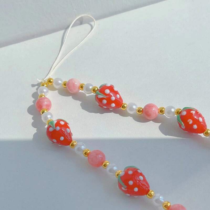 Cute Strawberry Beads Mobile Phone Chain, Cellphone Case Acessórios, Pink Stone, Lanyard Charms, Anti-Lost, Mulheres, Meninas