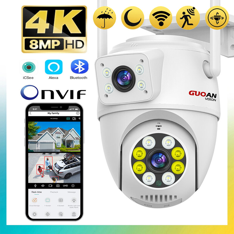 4K 8MP HD Wifi Видеокамера Наблюдения Двойной Объектив PTZ IP CCTV Беспроводная Наружная Камера Безопасности Ночного Видения icsee Автоматическое Отслеживание