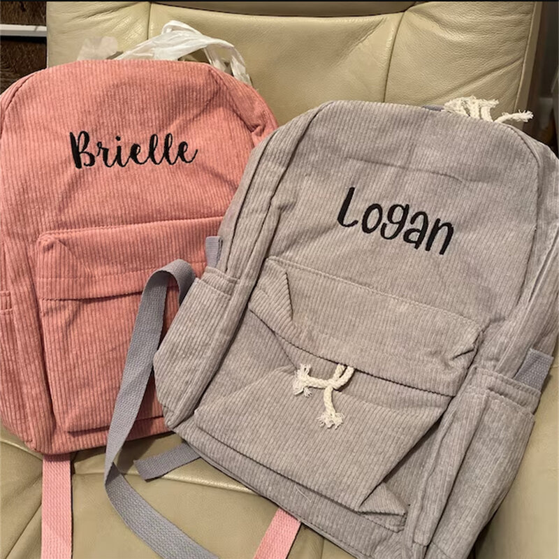 Custom Name Teenager's Corduroy Book Bag Personalized Embroidery Name Large Travel Backpack Solid Color Corduroy Bag with Name