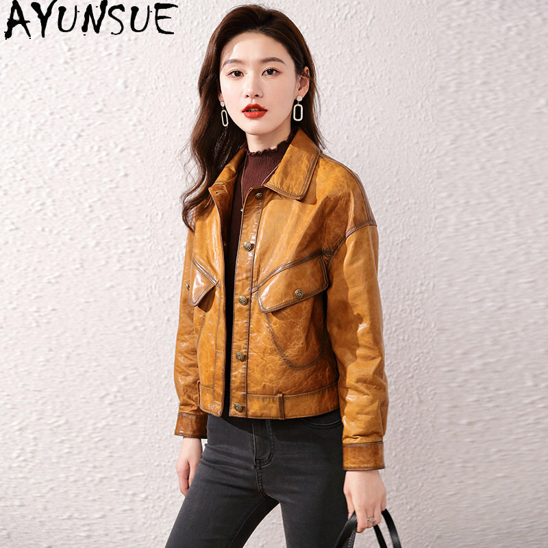 Ayunsue-本革のジャケット,女性のシープスキンジャケット,春と秋の服,短い革のジャケット