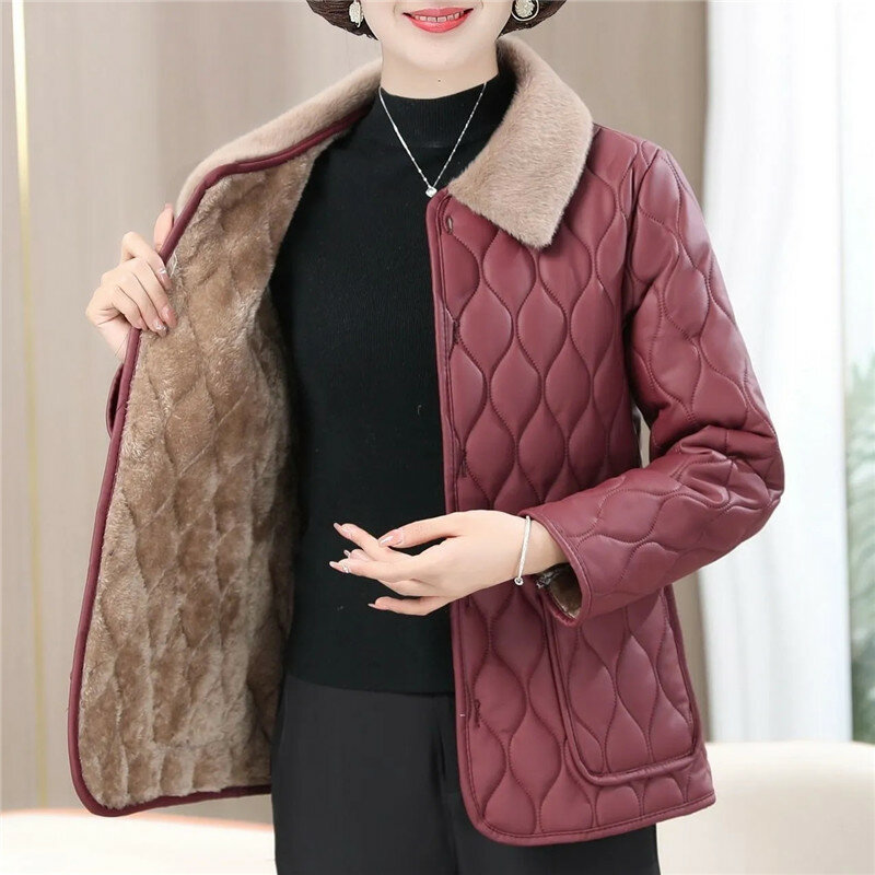 Mode Herbst Winter Leder Baumwolle Mantel mittleren Alters ältere Frauen Lederjacke Freizeit Wärme keine Wasch oberbekleidung 5xl