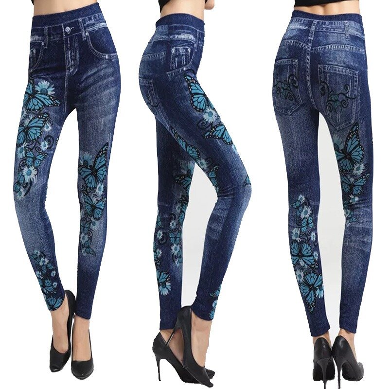 Leggings jeans de imitação de algodão sem costura, calça sexy oca, outono e inverno 2024