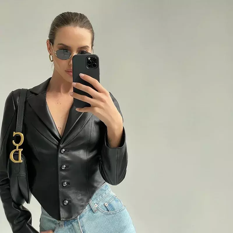 2022 Winter Fashion Trend Women's New PU Leather Single-breasted Temperament Short Top Long-sleeved Suit Collar Slim Cardigan