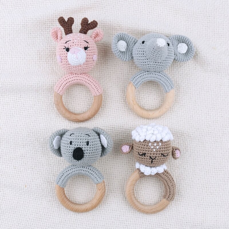 Wood Baby Toy Cotton Crochet Bunny Teething Ring- Teether Rattle for Newborn Unisex Baby Shower- Gift for Babies Durable