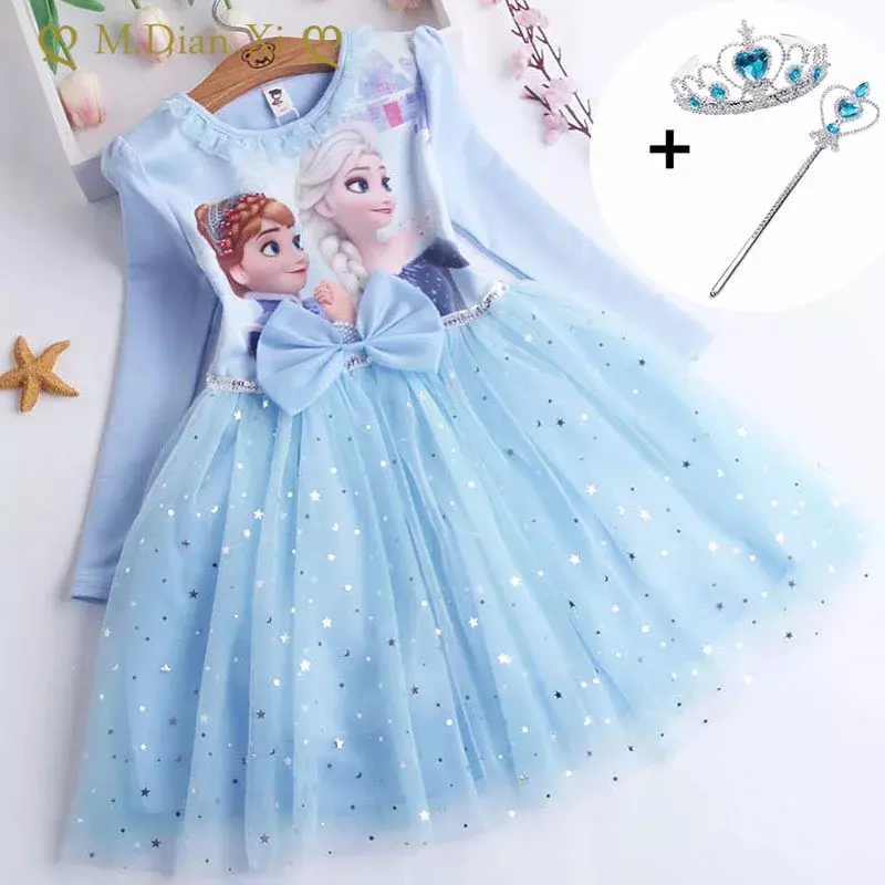 Mùa Thu Váy Đầm Cho Bé Gái Vestidos Frozen Elsa Áo Sinh Nhật Dài Tay Bộ Trang Phục Công Chúa Teen Trẻ Em Đảng Quần Áo