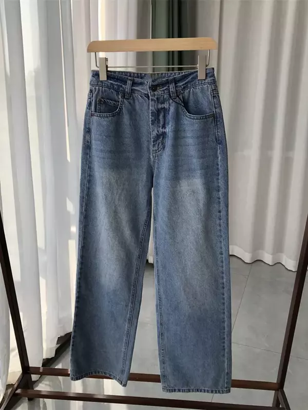Calça jeans feminina reta de cintura alta com zíper, comprida até o tornozelo, solta, simples, perna larga, jeans, nova para primavera