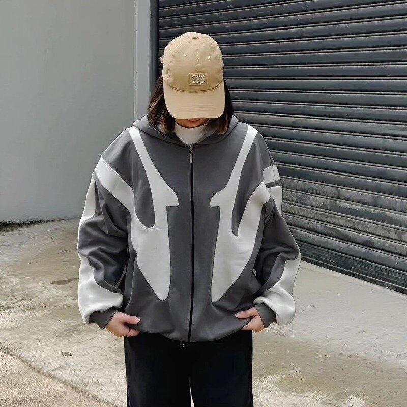 Y2K hoodie ritsleting pria wanita, Sweatshirt baru harajuku tambal sulam ukuran besar Gotik Streetwear