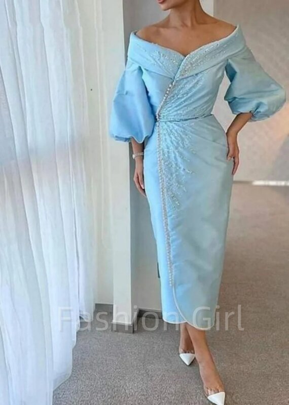 Niebieskie satynowe suknie balowe z ramienia bufiaste rękawy z cekinowymi do kostek linii sukienki na przyjęcie 2024 Vestidos De Fiesta