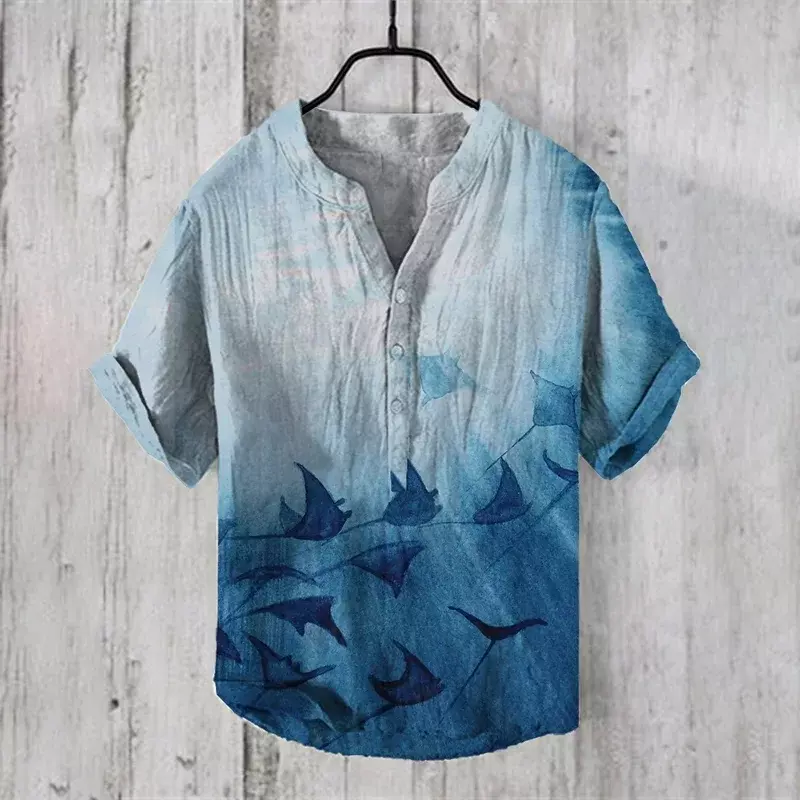 Plum blossom pattern 3D digital printing men's casual shirt men's short-sleeved shirt cross-border men's three-breasted shirt