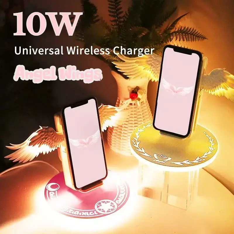 Angel Wings QI Phone Fast Charge com luz de respiração e função musical, carregador sem fio, criativo, móvel, forma de asa, presente, 10W