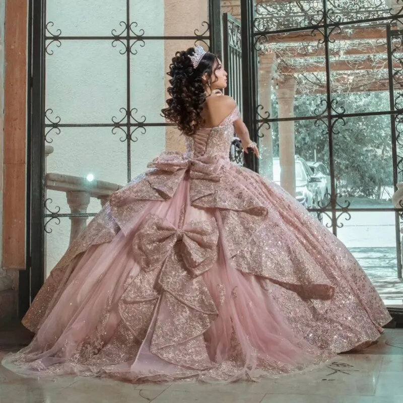 Quinceanera rosa fora do ombro vestido de baile, Apliques Flores Arco, Doce 15 16 Anos, YQD287, 2023, XV