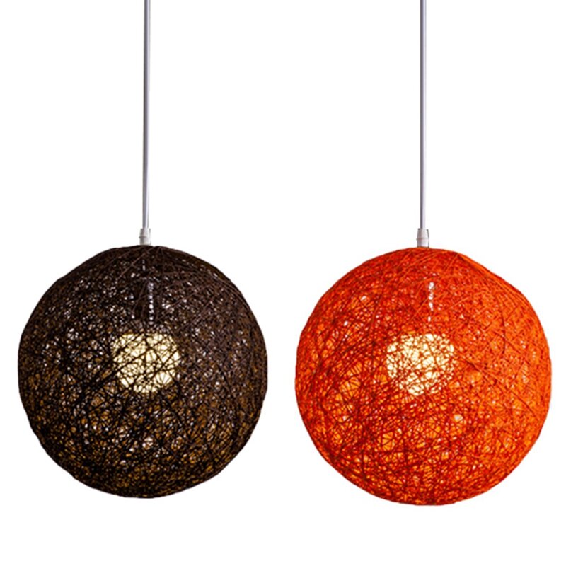 2X Coffee / Orange Bamboo, Rattan And Hemp Ball Chandelier Individual Creativity Spherical Rattan Nest Lampshade