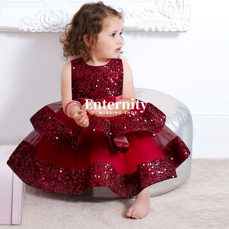 Новое Детское бальное платье с круглым вырезом, праздничный костюм, детское платье без рукавов с цветочным бантом, длиной до колена, Цветочный наряд для детей